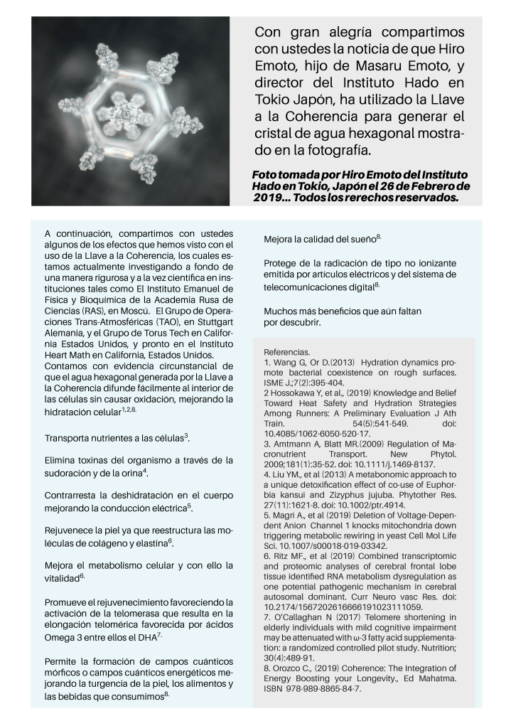 Cristal energizado con la Llave a la Coherencia en el Instituto Hado, Japón. Instituto fundado por Masaru Emoto.
